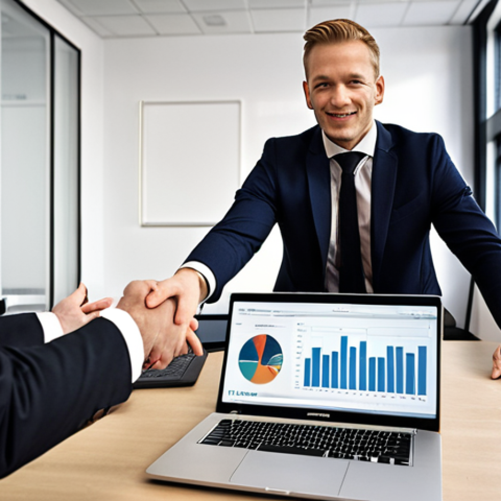 Confident Media Producer**

A confident media producer, dressed professionally, shaking hands with a client in a modern office setting. Laptop with a performance portfolio open in the background, showcasing data analytics and successful project highlights. The scene conveys professionalism and successful negotiation skills in the Dutch media landscape. Focus on the use of data to demonstrate value.

**