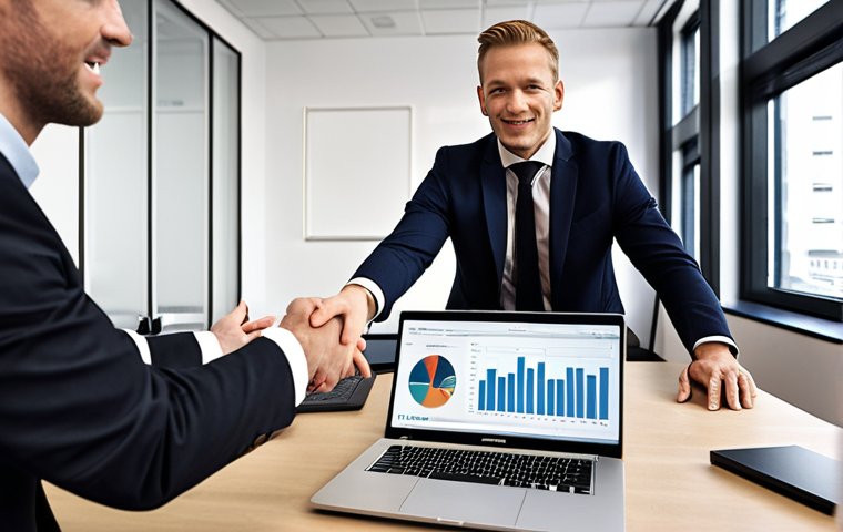 Confident Media Producer**
A confident media producer, dressed professionally, shaking hands with a client in a modern office setting. Laptop with a performance portfolio open in the background, showcasing data analytics and successful project highlights. The scene conveys professionalism and successful negotiation skills in the Dutch media landscape. Focus on the use of data to demonstrate value.
**
