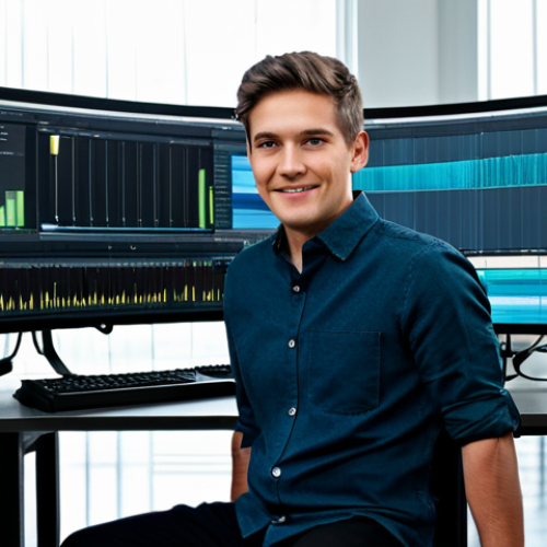 Home 7 A professional media producer, either male or female, in a modest business casual outfit, seated at a spacious workstation in a contemporary media studio. Multiple large monitors display complex editing software interfaces with video timelines and audio waveforms. A high-quality microphone and professional camera equipment are neatly arranged on a side table. The studio environment is well-lit with natural light. perfect anatomy, correct proportions, natural pose, well-formed hands, proper finger count, natural body proportions, safe for work, appropriate content, fully clothed, professional photography, high quality.