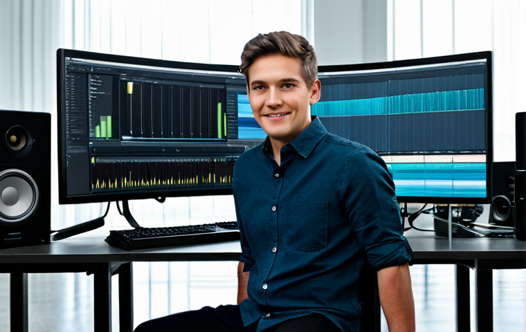 A professional media producer, either male or female, in a modest business casual outfit, seated at a spacious workstation in a contemporary media studio. Multiple large monitors display complex editing software interfaces with video timelines and audio waveforms. A high-quality microphone and professional camera equipment are neatly arranged on a side table. The studio environment is well-lit with natural light. perfect anatomy, correct proportions, natural pose, well-formed hands, proper finger count, natural body proportions, safe for work, appropriate content, fully clothed, professional photography, high quality.